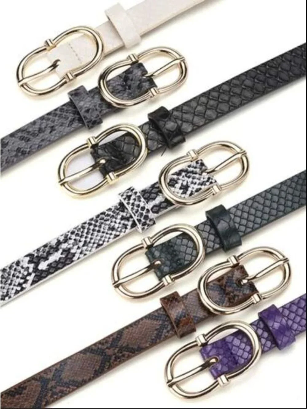 Snake Print PU Leather Skinny Belt Set W/ Gold Oval Buckle In Grey Green & Brown